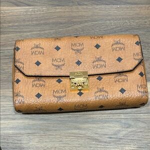 MCM Cognac Visetos Clutch with Gold Accents